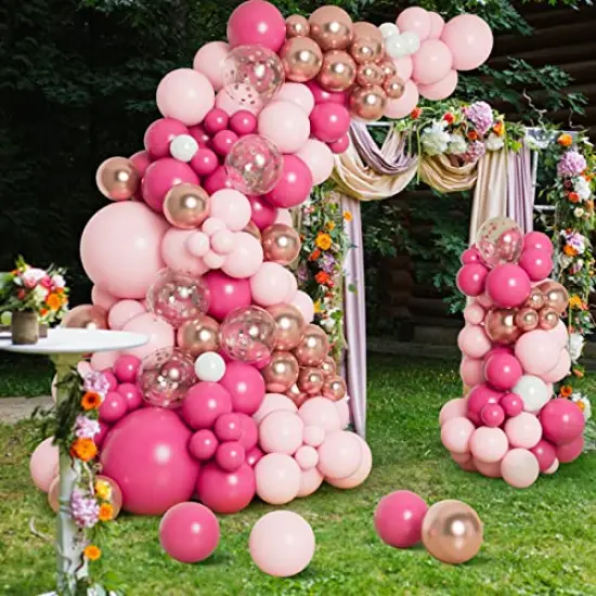 138pcs Pink Balloon Garland Arch Kit - Includes Hot Pink, White, and Metallic Rose Gold Confetti Balloons in Different Sizes for Birthday, Princess Theme, Baby Shower, Wedding, and Valentine's Party Decorations {1}