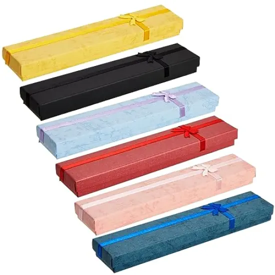 24 Pieces Empty Jewelry Gift Boxes for Necklaces, Bracelets, Press On Nail Packaging with Lids and Decorative Ribbon Knot, 6 Colors (7.9 x 1.6 In) {2}