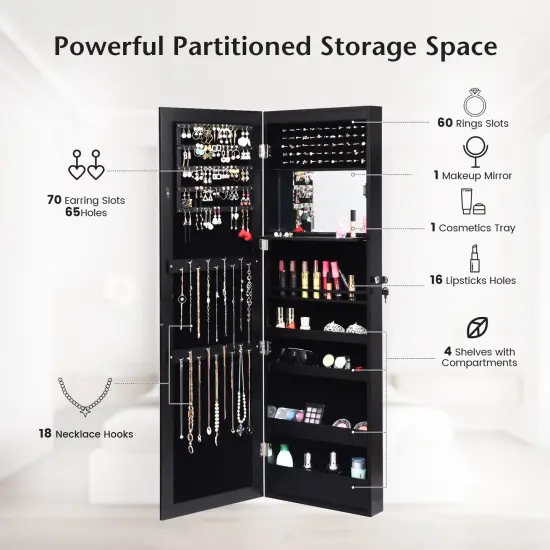 Lockable Wall Door Mounted Mirror Jewelry Cabinet with LED Lights Black {5}