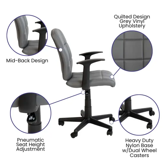 Emma and Oliver Mid-Back Quilted Vinyl Swivel Task Office Chair with Arms Gray {2}