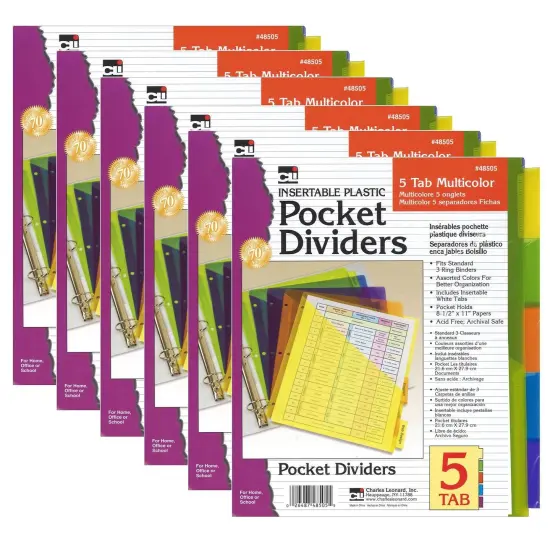 Index Dividers with Pockets, 5-Tab, Assorted Colors, 5/Pack, 6 Packs {1}