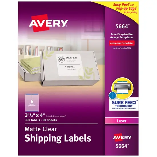 Avery Matte Clear Shipping Labels, Sure Feed Technology, Laser, 3-1/3" x 4", 300 Labels (5664) {1}