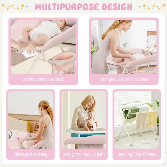 Baby Diaper Changing Table with Water Basin Wheel Pink {4}