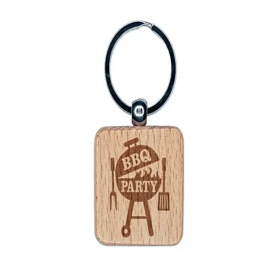 BBQ Party Grilling Engraved Wood Square Keychain Tag Charm {1}