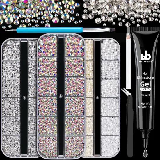 Rhinestones for Nails & Pearls, Manicure Kit with Nail Rhinestone Glue Gel, Flatback Glass Crystal AB + Clear Gems, White & Beige Half Round Pearls, Gem Glue for Nails (UV/LED Needed) with Tools {2}