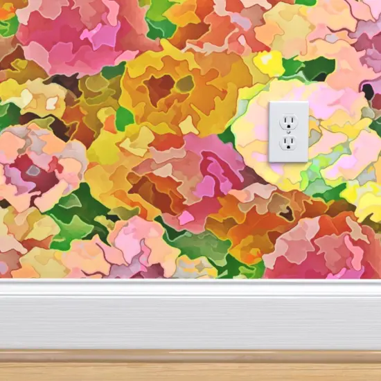 Pre-Pasted Wallpaper 2FT Wide Pink Floral Botanical Water Color Summer Spring Flowers Garden Meadow Impressionist Custom Pre-pasted Wallpaper by Spoonflower {4}