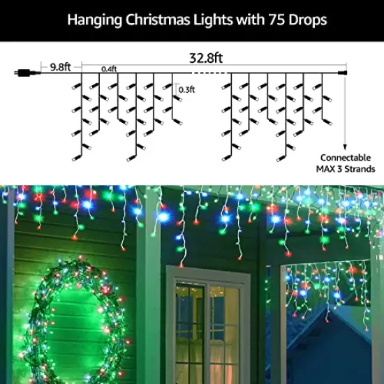 Led Christmas Lights Outdoor Christmas Decorations Hanging Lights 400LED 8 Modes 75 Drops, Outdoor Indoor Fairy String Lights for Party, Holiday, Wedding Decorations (Red, White, Green) {3}
