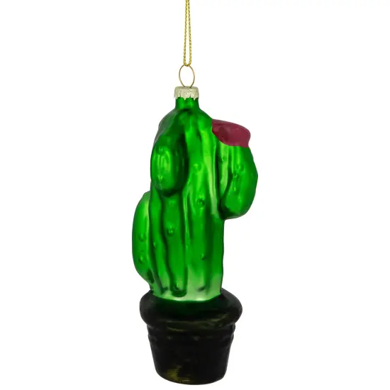 Northlight 5" Green Cactus with Pink Flower Glass Christmas Ornament {1}