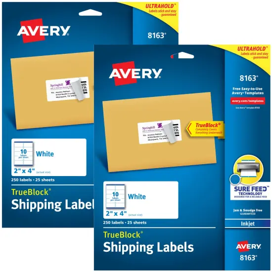 Avery Printable Shipping Labels with Sure Feed, 2" x 4", White, 2 Packs, 500 Blank Mailing Labels Total (21936) {1}