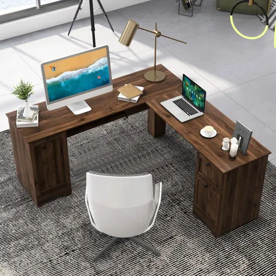 L-Shaped Office Desk with Storage Drawers and Keyboard Tray Walnut {5}
