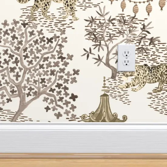 Pre-Pasted Wallpaper 2FT Wide Chinoiserie Pagoda Leopard Print Watercolor Neutral Brown Cream Large Scale Custom Pre-pasted Wallpaper by Spoonflower {4}