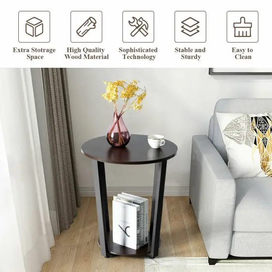 2-tier Round End Table with Storage Shelf and Metal Frame Walnut {3}