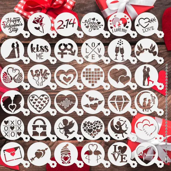 36 Pieces Valentine's Day Cookie Stencils, Reusable Cookie Coffee Decorating Stencils Templates Mold Tools for Cookies Baking Painting Dessert Coffee Decoration DIY Valentines Party Decor {1}