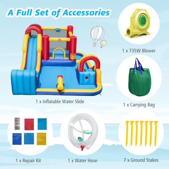 7 in 1 Outdoor Inflatable Bounce House with Water Slides and Splash Pools with 735W Blower {6}