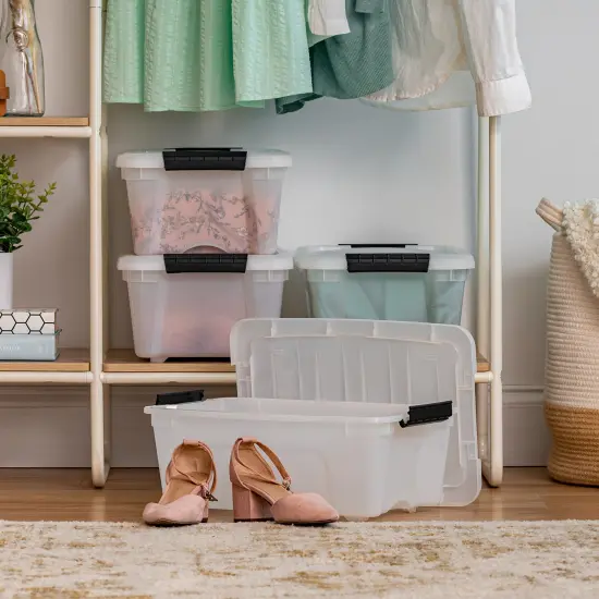 IRIS USA 12 Quart Stackable Plastic Storage Bins with Lids and Latching Buckles, 4 Pack - Pearl, Containers with Lids and Latches, Durable Nestable Closet, Garage, Totes, Tub Boxes Organizing Clear {4}