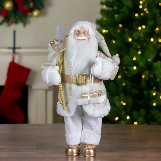 Northlight 18" Gold and White Standing Santa Christmas Figure with Presents {3}