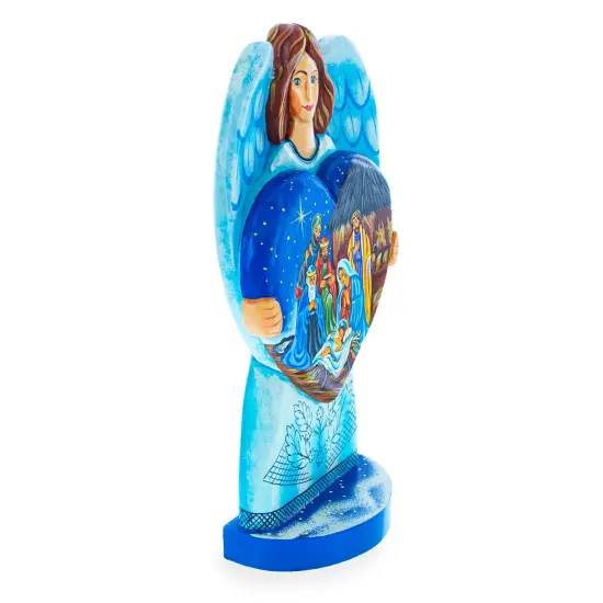 Angel Holding Heart w/ Nativity Scene Ukrainian Hand Carved Solid Wood Figurine 10 Inches {4}