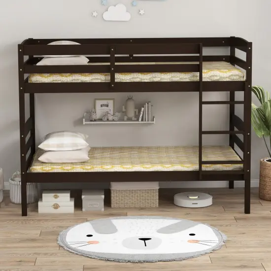 Twin Over Twin Bunk Bed, Solid Wood, Detachable and Safe Design Espresso {6}