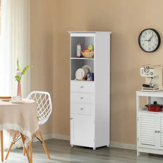 Tall Freestanding Storage Organizer Linen Tower, Vanity Closet, Bathroom Cabinet with 2 Open shelves, 3 Drawers, and a Closet White {11}