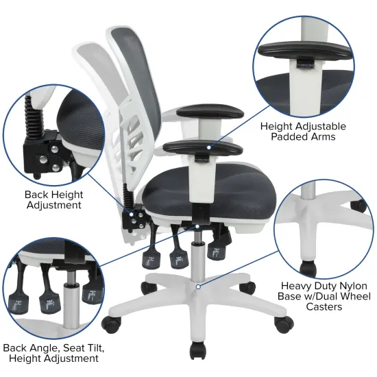 Emma and Oliver Mid-Back Mesh Triple Paddle Swivel Ergonomic Office Chair with Adjustable Arms DarkGrayMesh/White {2}