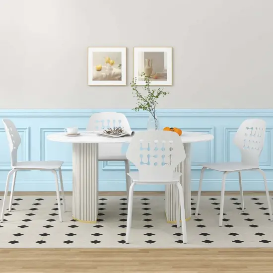 Costway Metal Dining Chair Set of 4 Armless Kitchen Hollowed Backrest & Metal Legs Blue/White {5}