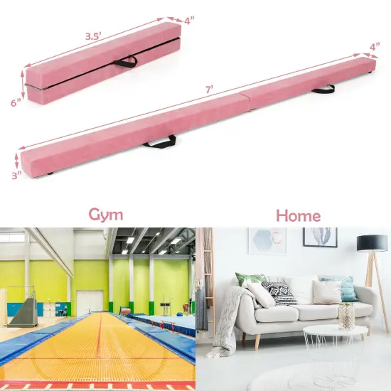 7 Feet Folding Portable Floor Balance Beam with Handles for Gymnasts Pink {4}