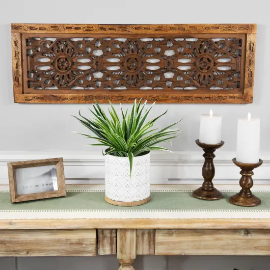 Northlight 6.5" White Round Embossed Utensil Storage Container with Wooden Base {4}