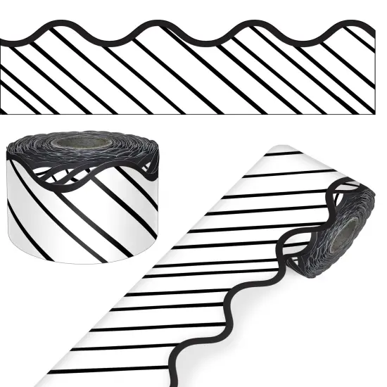 Carson Dellosa 65Ft of Black and White Bulletin Board Borders, 1 Roll of Striped, Scalloped Trim for Rolling Whiteboard, Posterboard, Party, Office Decorations, and Classroom Decor {1}