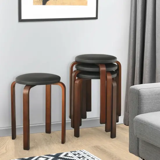 Set Of 4 Bentwood Round Stool Stackable Dining Chairs With Padded Seat Black {2}
