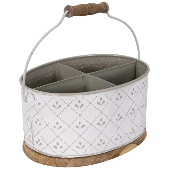 Northlight 10" White Oval Embossed Utensil Caddy with Handle and Wood Base {6}