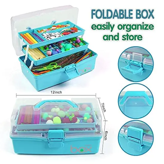 12'' Three-Layer Multipurpose Storage Box Organizer Folding Tool Box/Art & Crafts Case/Sewing Supplies Organizer/Medicine Box/Family First Aid Box with 2 Trays (Blue) {3}
