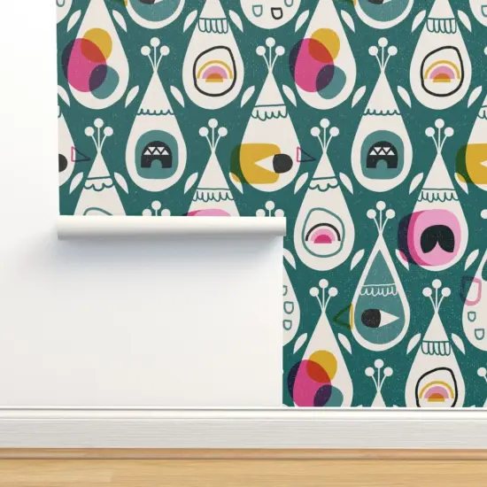 Peel & Stick Wallpaper 2FT Wide Modern Retro Abstract Mid Century Mod Bird Feather Dark Green Custom Removable Wallpaper by Spoonflower {2}