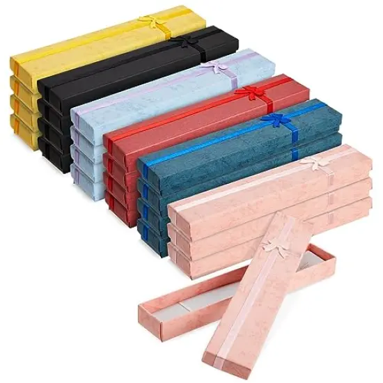 24 Pieces Empty Jewelry Gift Boxes for Necklaces, Bracelets, Press On Nail Packaging with Lids and Decorative Ribbon Knot, 6 Colors (7.9 x 1.6 In) {3}