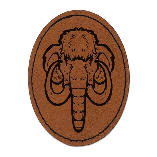 Wooly Mammoth Head Round Iron-On Engraved Faux Leather Patch Applique - 2.5" Brown {1}