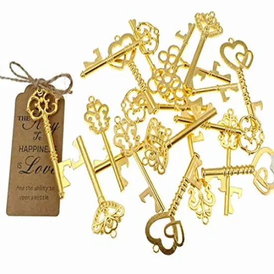 50 Pack Skeleton Key Bottle Opener Wedding Party Favor Souvenir Gift with Escort Tag and Jute Rope (Gold Tone,5 styles) {4}