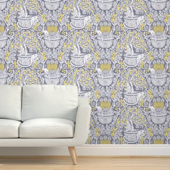 Pre-Pasted Wallpaper 2FT Wide Exotic Damask Tropical Fruit Monkey Parrot Arts And Crafts Lemon Tree Yellow Gray Grey Custom Pre-pasted Wallpaper by Spoonflower {5}