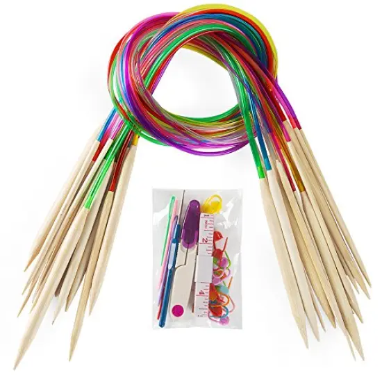 18 Pairs Bamboo Knitting Needles Set, Vancens Circular Wooden Knitting Needles with Colorful Plastic Tube, Small Tools for Weave are Included, 18 Sizes: 2mm - 10mm, 31.5" Length {1}