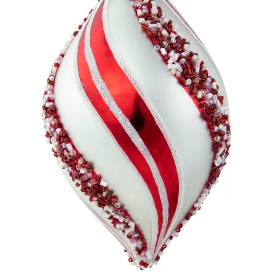 Northlight Set of 2 White and Red Glitter and Beads Striped Finial Glass Christmas Ornaments 5.5" {6}