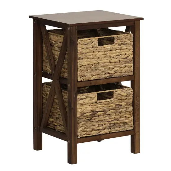 Costway 1/2 PCS 2-Tier Nightstand with 2 Seagrass Baskets Rubber Wood X-Shaped Frames 2 Drawers {8}