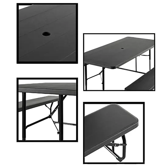 Outdoor Foldable Woodgrain Picnic Table Set with Metal Frame 6 Ft. Black {5}