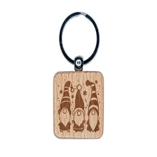 Christmas Gnome Trio Engraved Wood Square Keychain Tag Charm {1}
