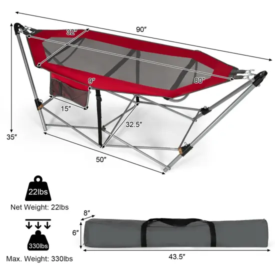 Outdoor Folding Hammock Bed with Breathable Fabric Metal Frame and Side Pocket Storage Red {4}