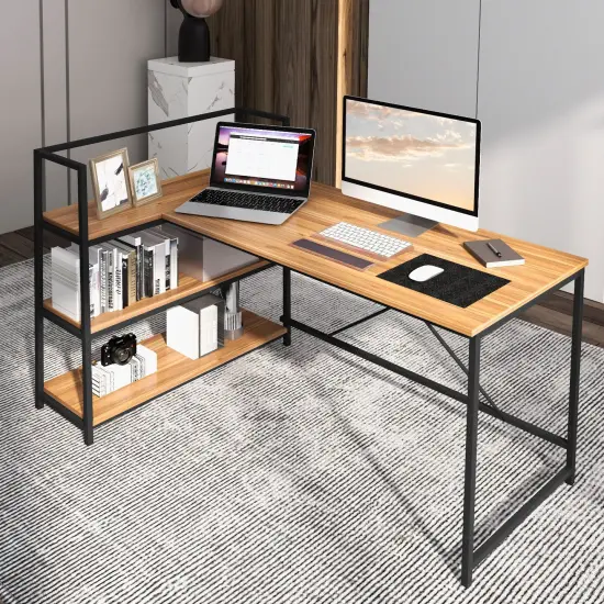 Costway Reversible L Shaped Computer Desk Corner Workstation with 3-Tier Open Shelf {4}