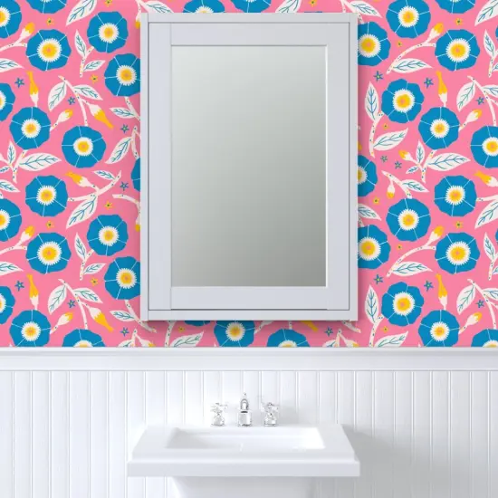 Pre-Pasted Wallpaper 2FT Wide Pink Floral Bright Flowers Nature Vibrant Meadow Spring Summer Garden Kitsch Folk Scandi Large Scale Custom Pre-pasted Wallpaper by Spoonflower {6}