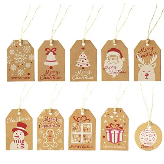 100 Pack Brown Kraft Paper Christmas Gift Tags, Xmas Brown Kraft Gift Tags with Jute Twine Baker Twine for DIY Xmas Holiday Present Wrap Stamp and Label Package Name Card {6}