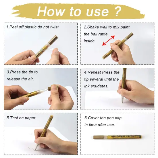 6 Pieces Paint Pen Gold Silver Metallic Permanent Acrylic Markers Set for Fabric Glass Rock Wooden Ceramic Leather Tire Painting, 0.7mm Extra Fine Tip (3pcs Gold+3pcs Silver) {2}