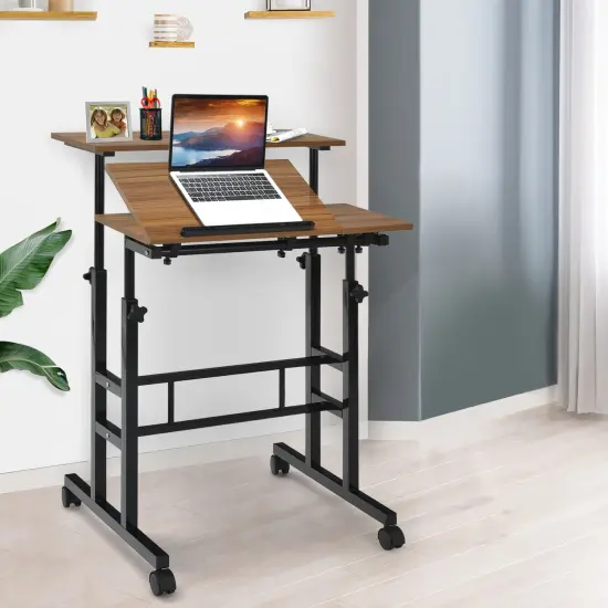 Height Adjustable Computer Desk with 2 Tilting Workstation and 4 Smooth Rolling Lockable Casters Walnut {2}