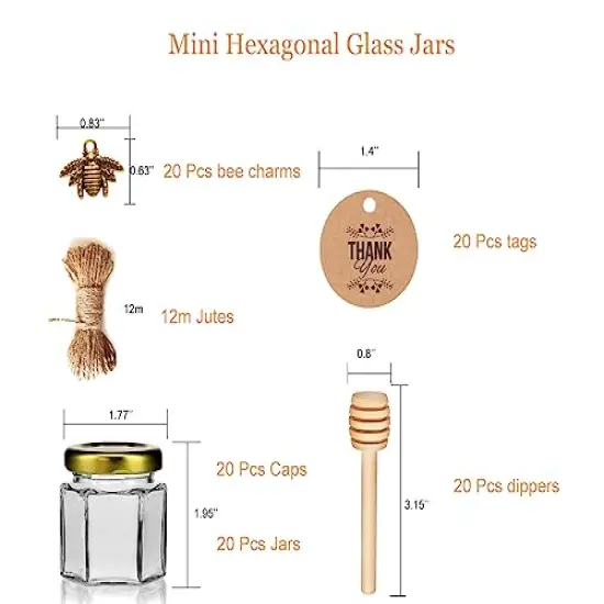 20 Pack Glass Honey Jars with Dipper - Gold Lids, Bee Pendants, Jutes, and Thank You Cards - Perfect for Baby Shower Favors, Wedding Favors, Party Favors {2}