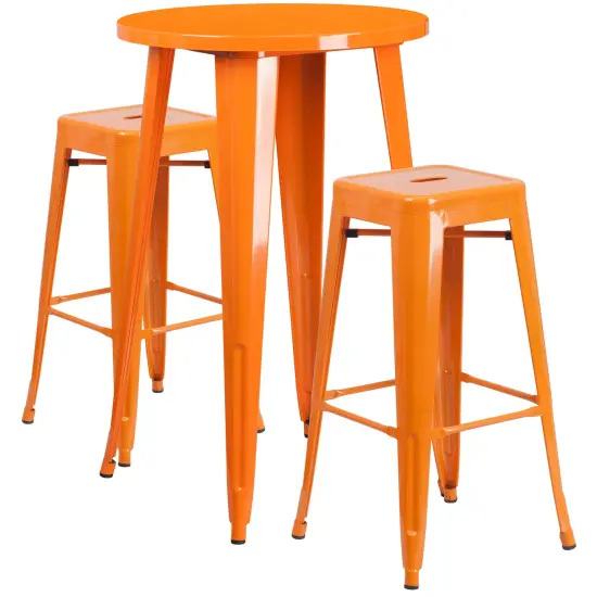 Merrick Lane Giosetta Patio Set with Table and Backless Stools - Powder Coated Metal Frames for Indoor and Outdoor Use Orange {1}