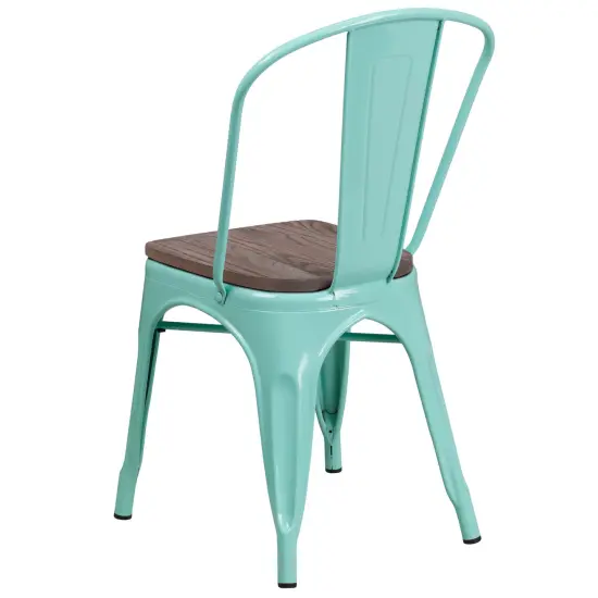 Merrick Lane Calumet Metal Stacking Chair with Curved, Slatted Back and Rustic Wood Seat Mint Green {3}